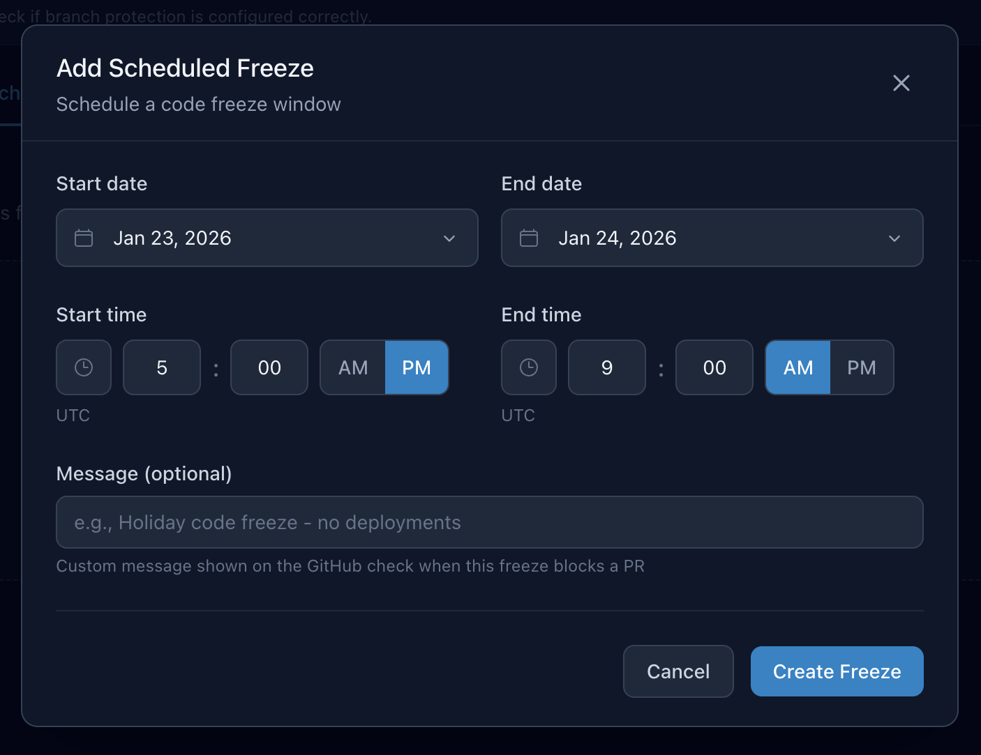 Configure freeze windows