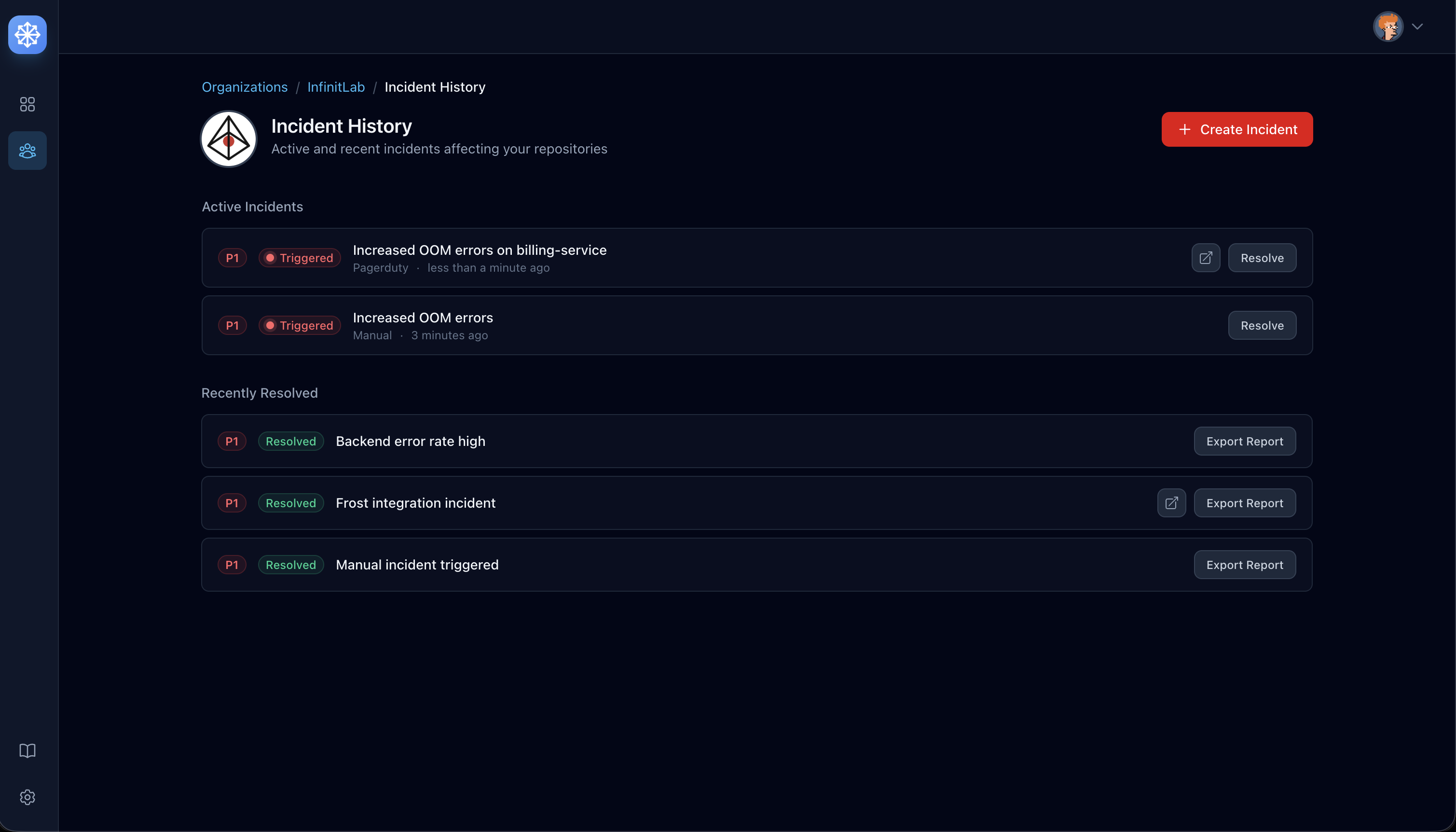 Two active P1 incidents, one triggered by PagerDuty, with Frost guarding repositories automatically